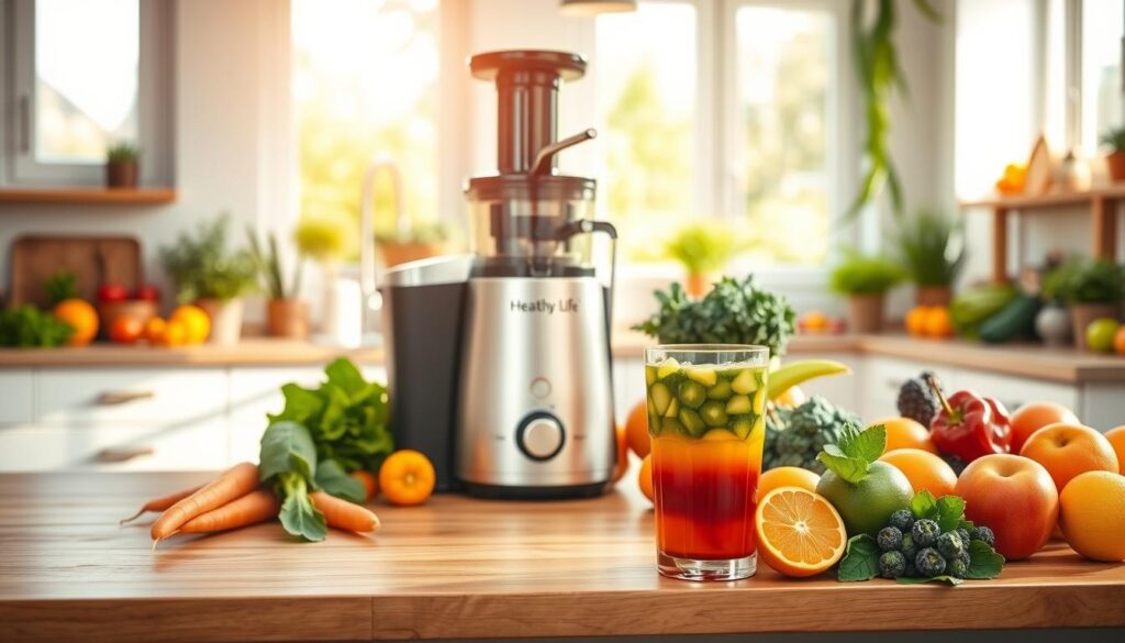 A bright, airy kitchen filled with an abundance of fresh fruits and vegetables. On a wooden countertop, an array of juicing ingredients - carrots, apples, leafy greens, and vibrant citrus fruits. A professional-grade "Healthy Life" juicer stands at the center, its sleek design complementing the modern, minimalist decor. Warm, natural lighting cascades through large windows, casting a soft glow over the scene. In the foreground, a glass of freshly pressed juice - a delightful blend of green, red, and yellow hues - is placed prominently, symbolizing the daily "juice routine" that nourishes and energizes. The overall mood is one of wellness, vitality, and a dedication to a healthy lifestyle.