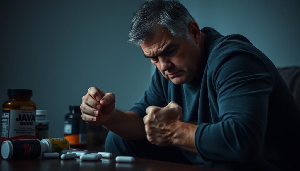 A middle-aged person sits hunched in a dimly lit room, their face reflecting the strain of an ongoing weight management struggle. The foreground depicts the figure's frustration, with clenched fists and a furrowed brow. In the background, scattered on a table, are various diet supplements, including a bottle of "Java Burn", representing the person's attempts to find a solution. Soft, shadowy lighting creates a somber mood, conveying the emotional weight of the situation. The overall scene aims to capture the challenges and complexities of weight management, a central theme in the article's "Understanding the Weight Management Struggle" section.