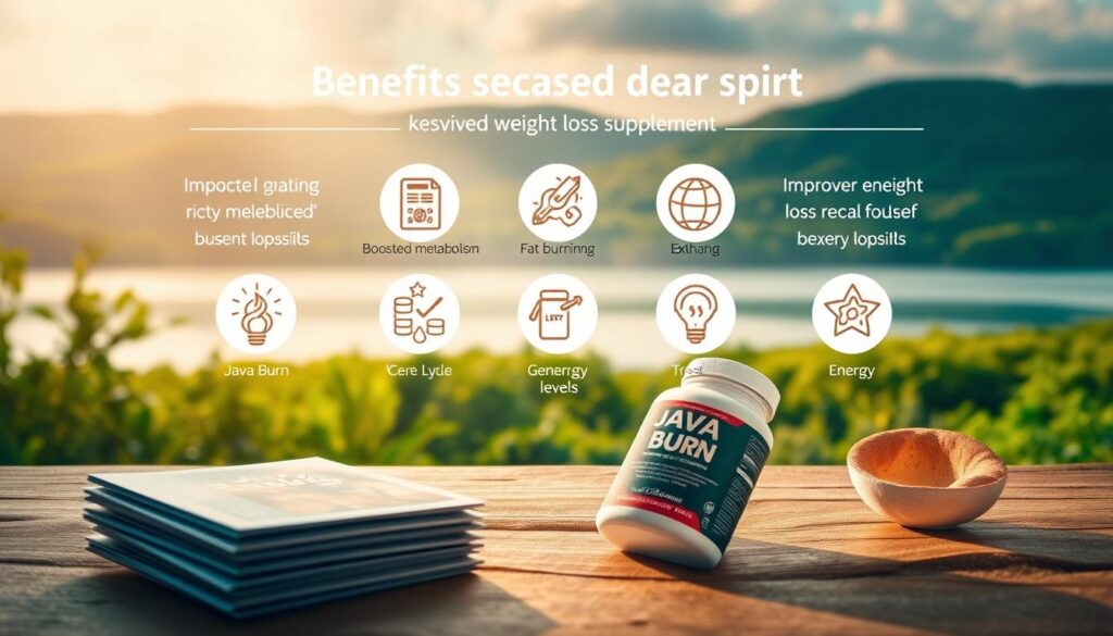 A serene and harmonious scene depicting the benefits of Java Burn, a premium weight loss supplement. In the foreground, a stack of glossy brochures or product packaging showcases the Java Burn brand against a backdrop of natural, earth-toned textures. Soft, diffused lighting illuminates the scene, creating a warm and inviting atmosphere. In the middle ground, stylized icons or illustrations represent the key evidence-based benefits of Java Burn, such as boosted metabolism, enhanced fat burning, and improved energy levels. The background features a tranquil landscape, with lush greenery, a calm body of water, and a serene sky, symbolizing the holistic and natural approach of the product. The overall composition conveys a sense of balance, wellness, and trust in the Java Burn brand.