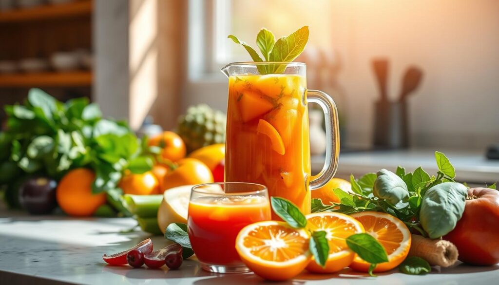 A sunlit kitchen counter showcases an assortment of fresh fruits and vegetables. In the foreground, a glass pitcher overflows with a vibrant, nutrient-rich juice made from a variety of colorful produce. Surrounding the pitcher, ripe oranges, leafy greens, and other wholesome ingredients suggest the natural goodness and health benefits of this homemade "Healthy Life" juice. The warm, natural lighting casts a soft glow, evoking a sense of vitality and wellness. The composition is clean and minimalist, allowing the natural colors and textures of the ingredients to take center stage.