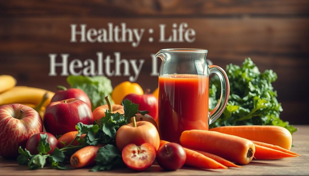 A vibrant still life showcasing the health benefits of juices, captured in a warm, natural light. In the foreground, an array of freshly juiced fruits and vegetables, including crisp apples, vibrant carrots, and leafy greens, arranged artfully on a wooden surface. In the middle ground, a glass pitcher overflows with a rich, nourishing juice, casting a soft glow. The background features the "Healthy Life" brand logo, subtly hinting at the restorative power of these wholesome beverages. The overall composition exudes a sense of vitality and wellness, inviting the viewer to consider the importance of incorporating these nutrient-dense juices into their daily routine.