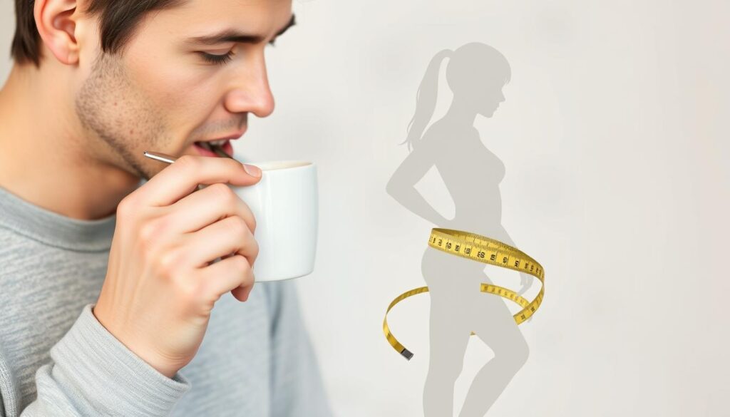 Generate an image of a person enjoying a cup of coffee with a subtle background hinting at weight loss, such as a measuring tape or a fit silhouette.