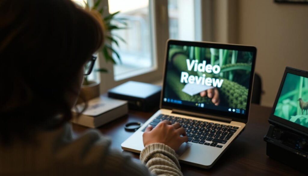 Generate an image of a person watching a video on a laptop with a caption "Prime Biome Video Review"